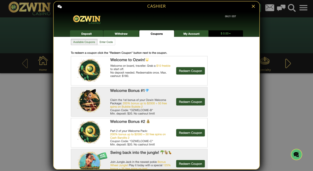 Ozwin Casino login